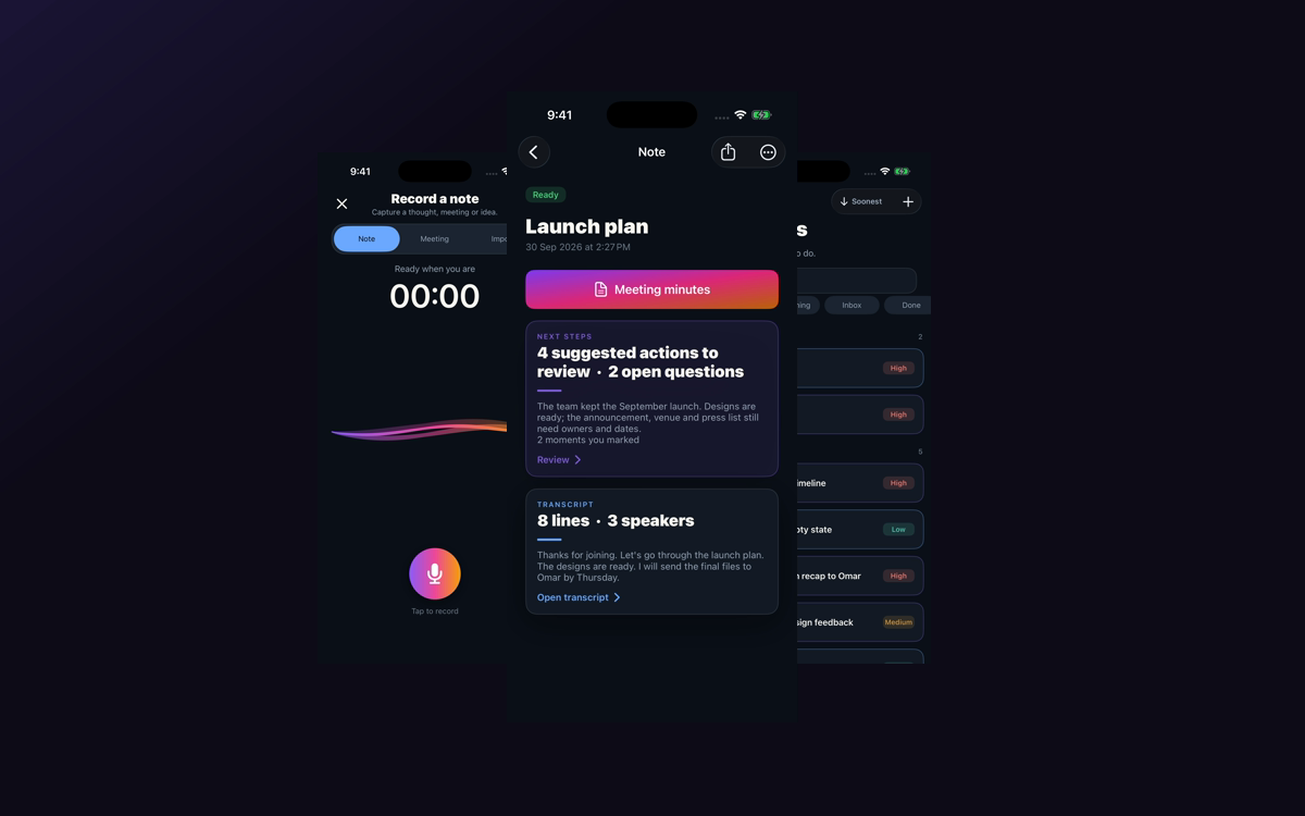 ActionNote on iPhone: recording, a processed note and the actions list.