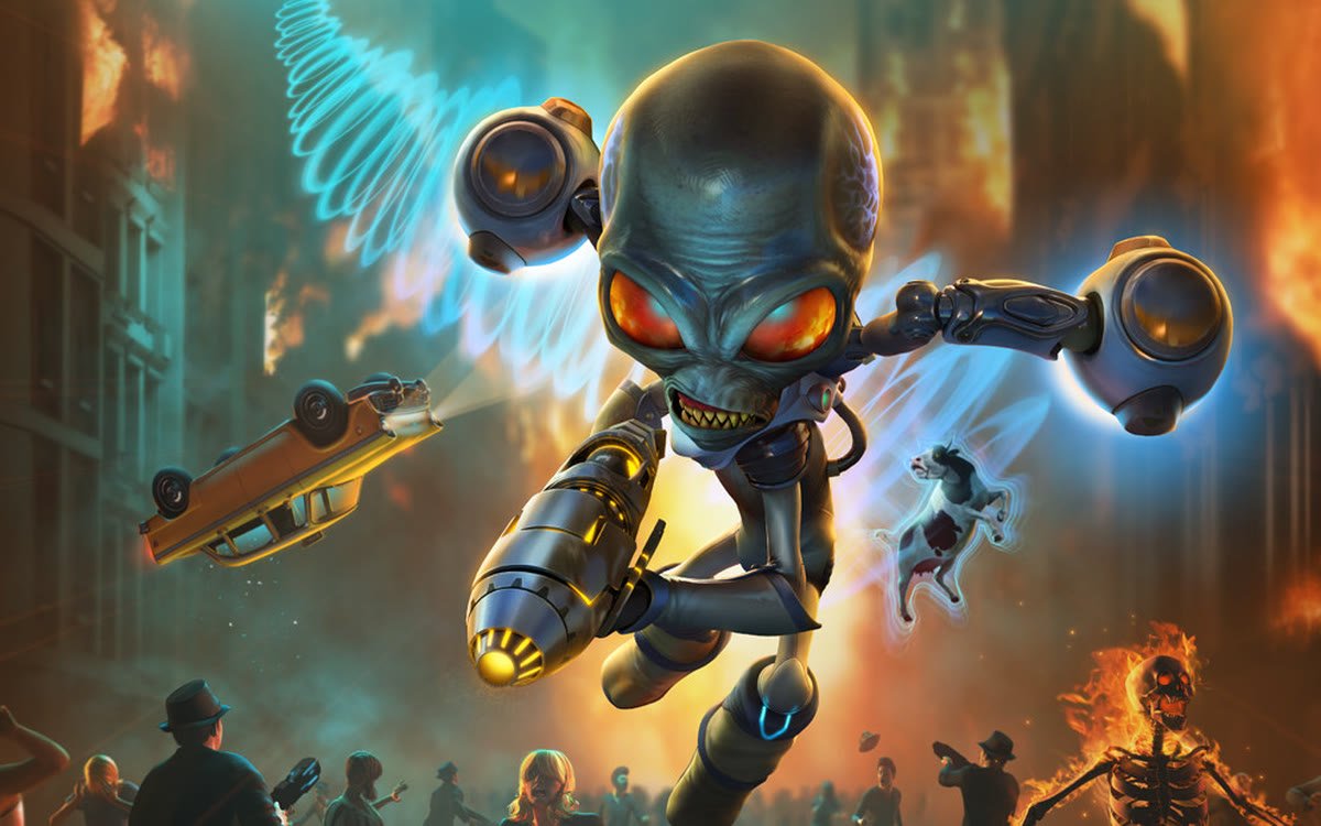 Key art for Destroy All Humans!, showing the alien Crypto in a burning 1950s street.