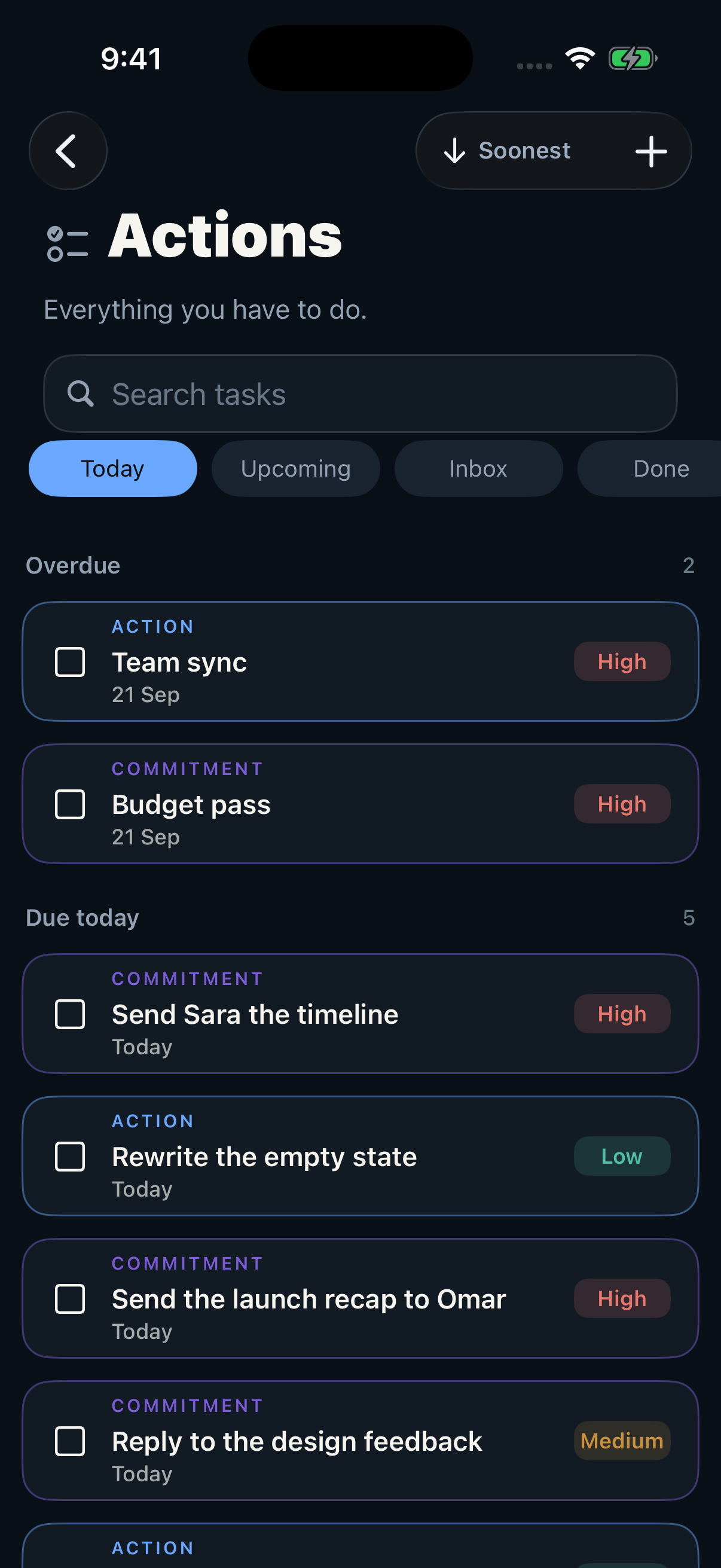 The actions list, grouped by priority and due date.