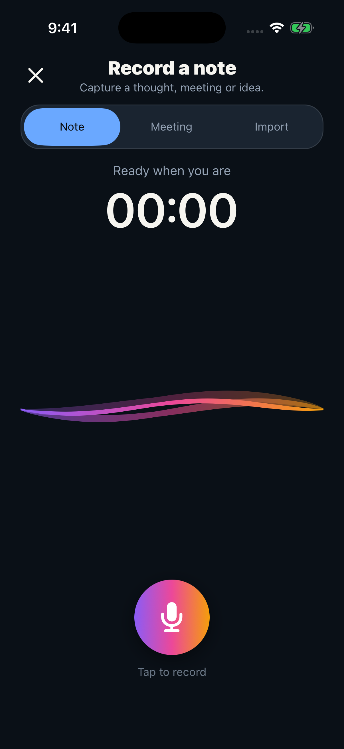 ActionNote recording screen, ready to capture a note or a meeting.
